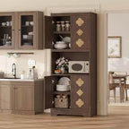72 Tall Wooden Pantry Cabinet with Carved Door & Crystal Handle, Kitchen Hutch Storage Cabinet with Countertop for Microwave, for Home
