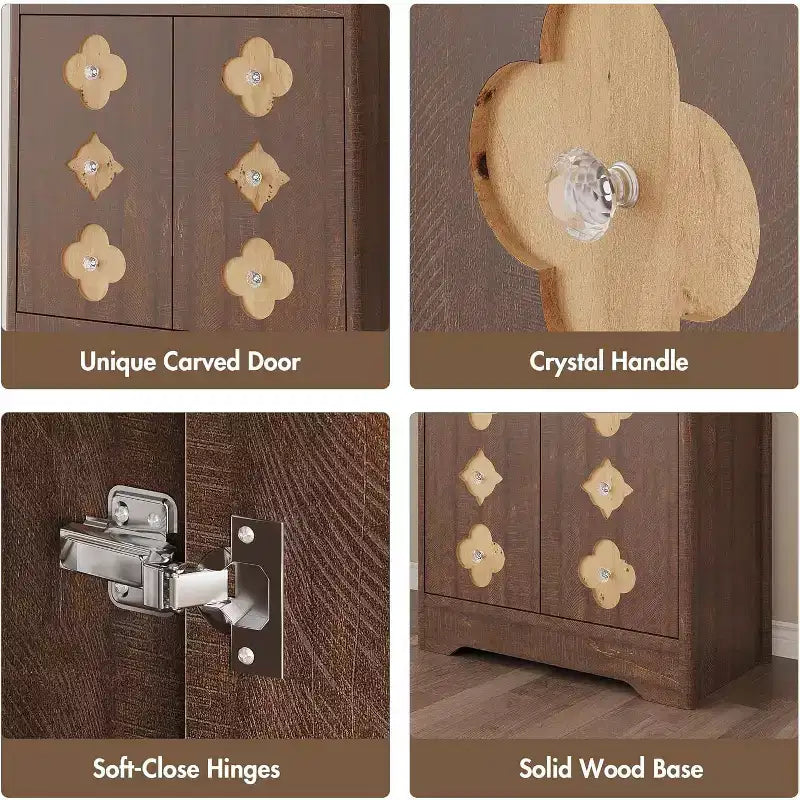 72 Tall Wooden Pantry Cabinet with Carved Door & Crystal Handle, Kitchen Hutch Storage Cabinet with Countertop for Microwave, for Home