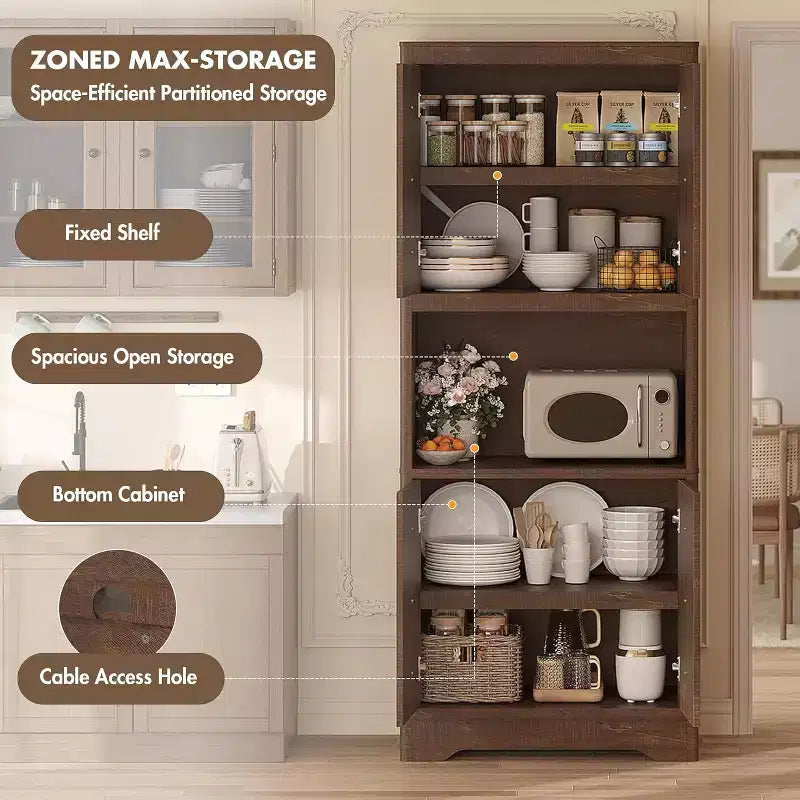72 Tall Wooden Pantry Cabinet with Carved Door & Crystal Handle, Kitchen Hutch Storage Cabinet with Countertop for Microwave, for Home