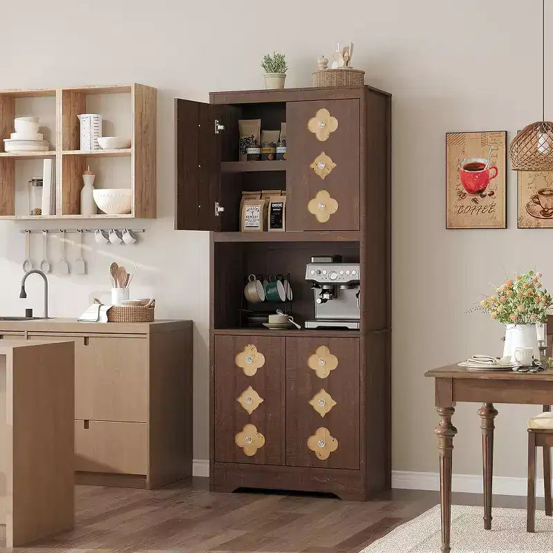 72 Tall Wooden Pantry Cabinet with Carved Door & Crystal Handle, Kitchen Hutch Storage Cabinet with Countertop for Microwave, for Home