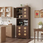 72 Tall Wooden Pantry Cabinet with Carved Door & Crystal Handle, Kitchen Hutch Storage Cabinet with Countertop for Microwave, for Home