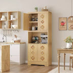 72 Tall Wooden Pantry Cabinet with Carved Door & Crystal Handle, Kitchen Hutch Storage Cabinet with Countertop for Microwave, for Home