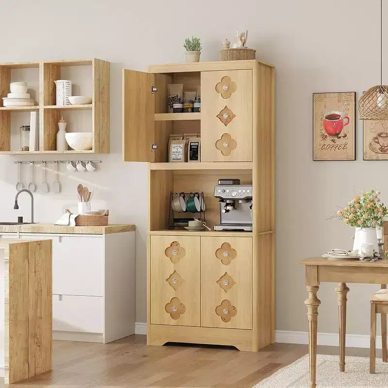 72 Tall Wooden Pantry Cabinet with Carved Door & Crystal Handle, Kitchen Hutch Storage Cabinet with Countertop for Microwave, for Home