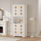 72 Tall Wooden Pantry Cabinet with Carved Door & Crystal Handle, Kitchen Hutch Storage Cabinet with Countertop for Microwave, for Home