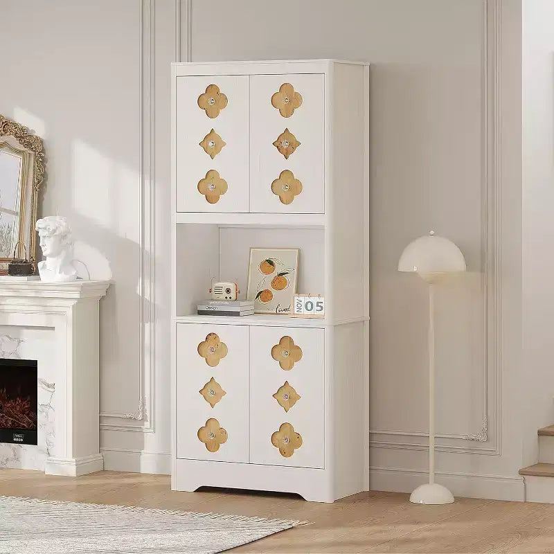 72 Tall Wooden Pantry Cabinet with Carved Door & Crystal Handle, Kitchen Hutch Storage Cabinet with Countertop for Microwave, for Home