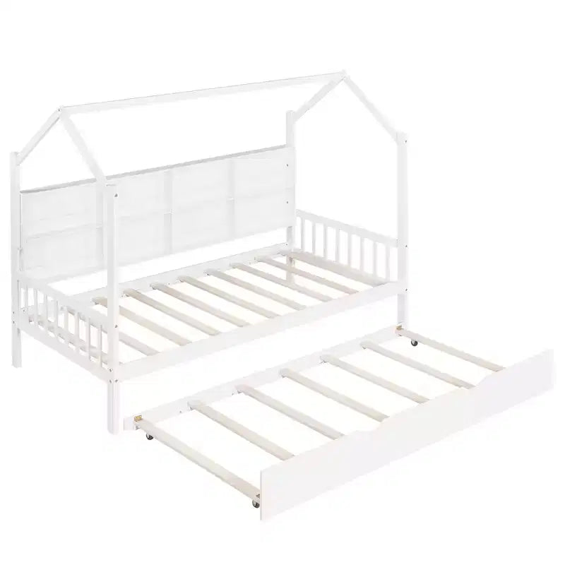 Twin Size House Bed with Trundle Kids Bed with Shelf for Bedroom White