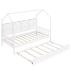 Twin Size House Bed with Trundle Kids Bed with Shelf for Bedroom White