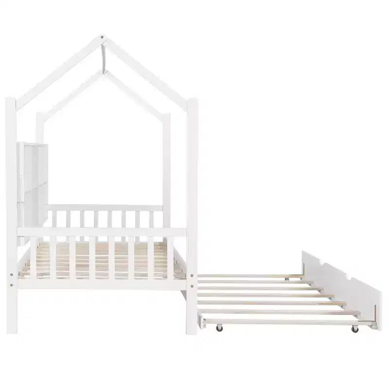 Twin Size House Bed with Trundle Kids Bed with Shelf for Bedroom White