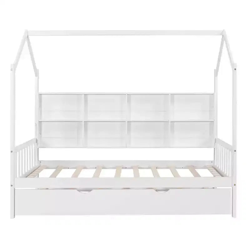 Twin Size House Bed with Trundle Kids Bed with Shelf for Bedroom White