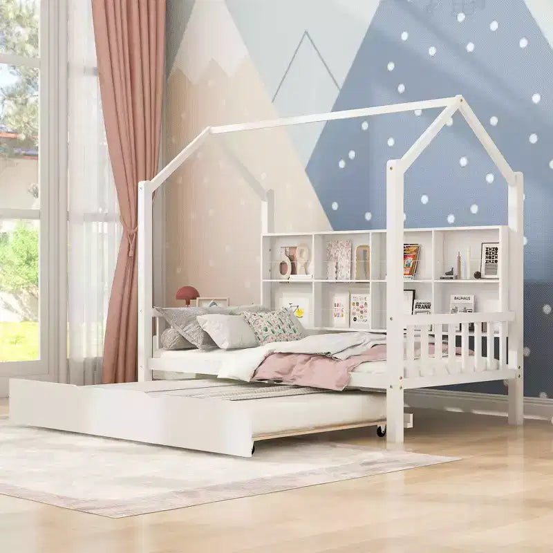 Twin Size House Bed with Trundle Kids Bed with Shelf for Bedroom White