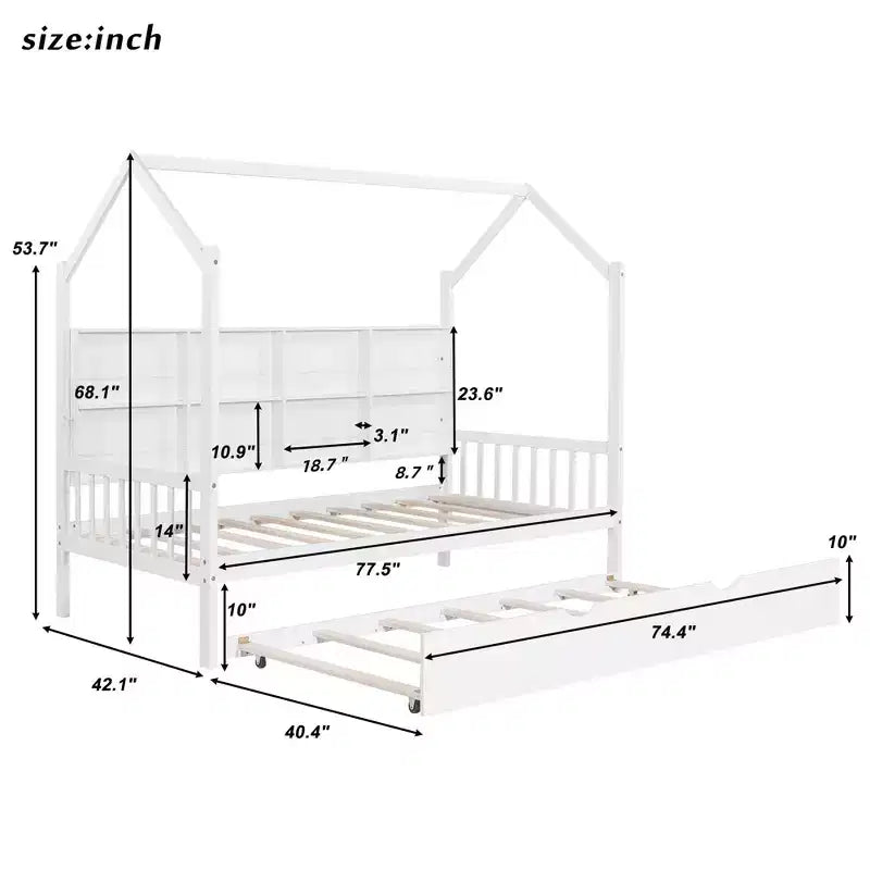Twin Size House Bed with Trundle Kids Bed with Shelf for Bedroom White
