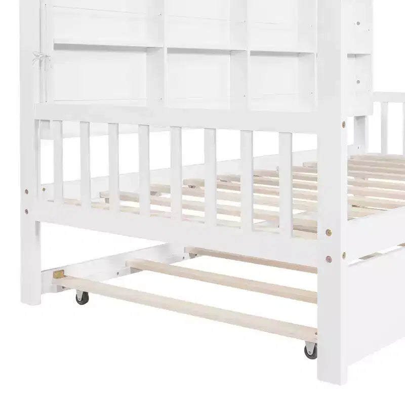 Twin Size House Bed with Trundle Kids Bed with Shelf for Bedroom White
