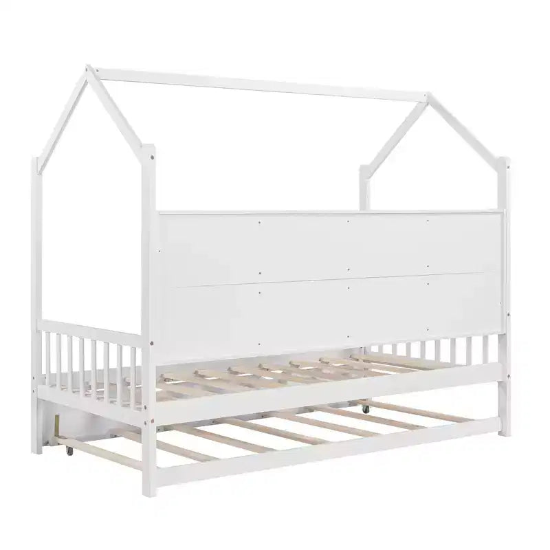 Twin Size House Bed with Trundle Kids Bed with Shelf for Bedroom White