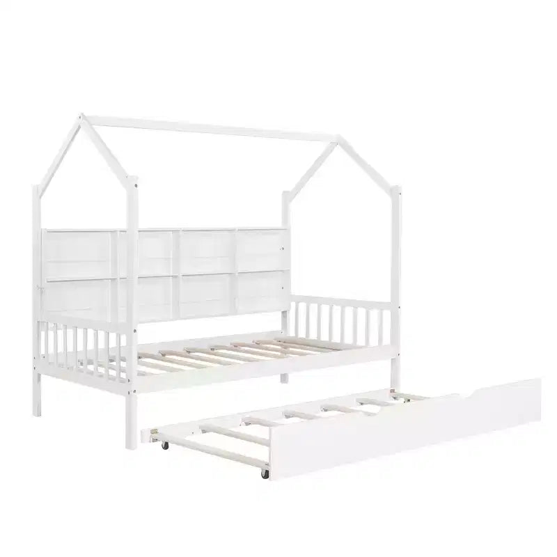 Twin Size House Bed with Trundle Kids Bed with Shelf for Bedroom White