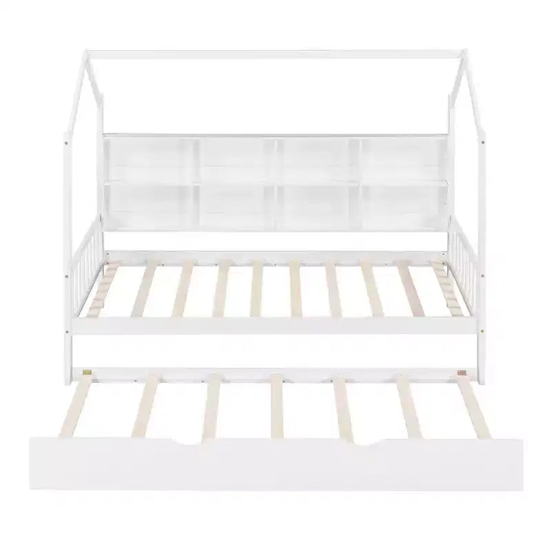 Twin Size House Bed with Trundle Kids Bed with Shelf for Bedroom White
