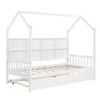 Twin Size House Bed with Trundle Kids Bed with Shelf for Bedroom White