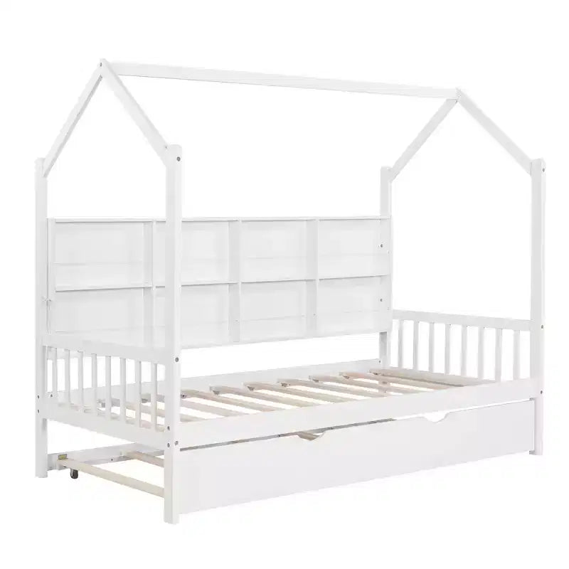 Twin Size House Bed with Trundle Kids Bed with Shelf for Bedroom White