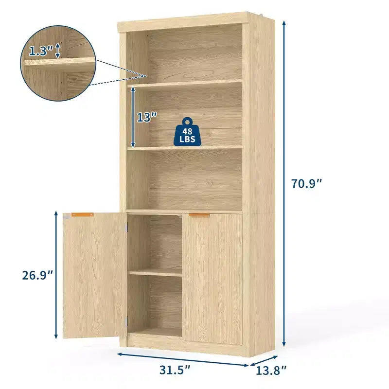 Wooden Bookcase with Doors, with Large Storage Cabinet, 5-Shelf Bookcases with Adjustable top Shelve for Home Office, Living Room