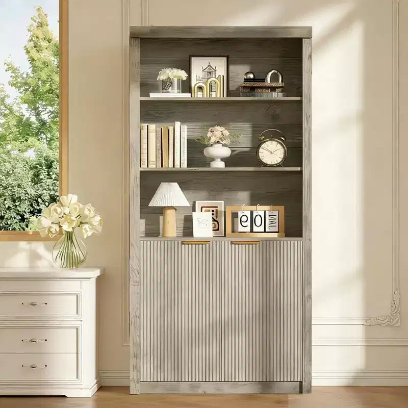 Wooden Bookcase with Doors, with Large Storage Cabinet, 5-Shelf Bookcases with Adjustable top Shelve for Home Office, Living Room