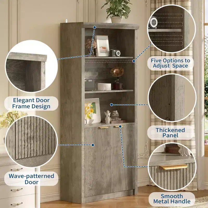 Wooden Bookcase with Doors, with Large Storage Cabinet, 5-Shelf Bookcases with Adjustable top Shelve for Home Office, Living Room