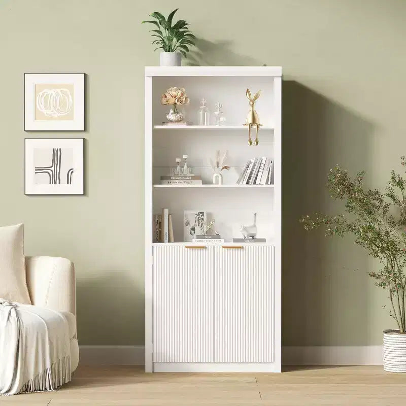 Wooden Bookcase with Doors, with Large Storage Cabinet, 5-Shelf Bookcases with Adjustable top Shelve for Home Office, Living Room