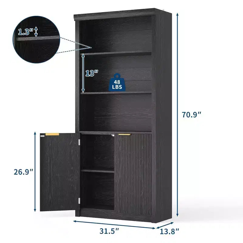 Wooden Bookcase with Doors, with Large Storage Cabinet, 5-Shelf Bookcases with Adjustable top Shelve for Home Office, Living Room