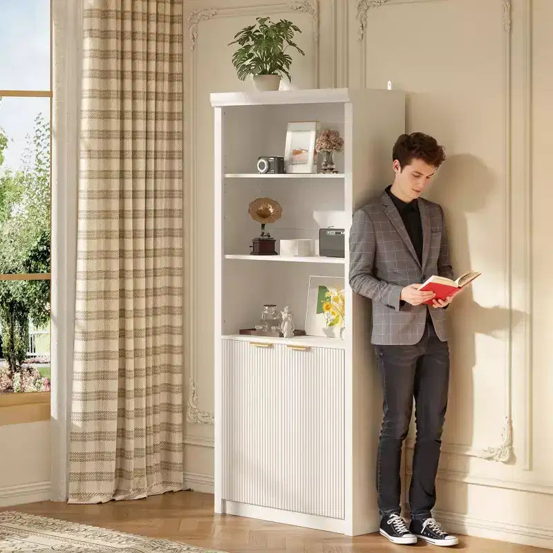 Wooden Bookcase with Doors, with Large Storage Cabinet, 5-Shelf Bookcases with Adjustable top Shelve for Home Office, Living Room