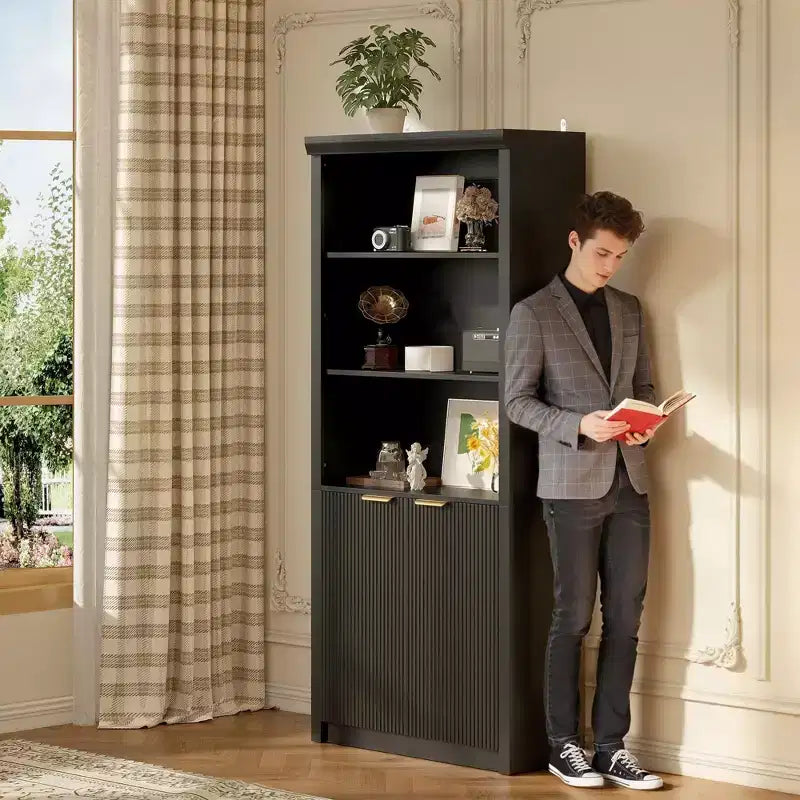 Wooden Bookcase with Doors, with Large Storage Cabinet, 5-Shelf Bookcases with Adjustable top Shelve for Home Office, Living Room