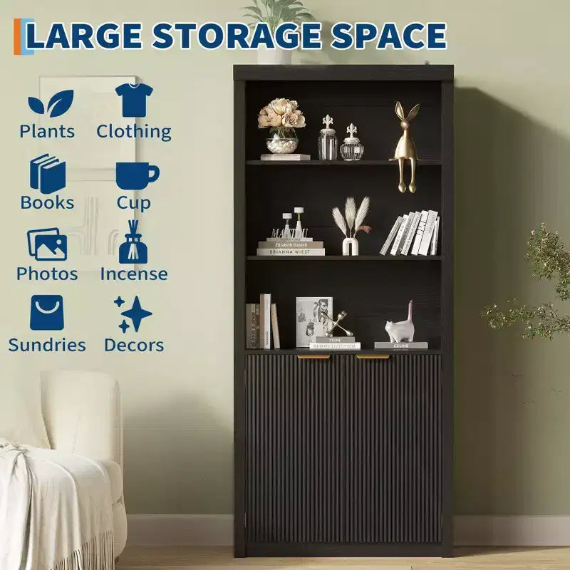 Wooden Bookcase with Doors, with Large Storage Cabinet, 5-Shelf Bookcases with Adjustable top Shelve for Home Office, Living Room