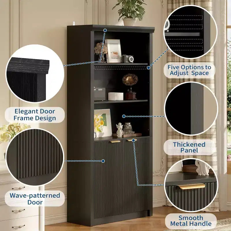 Wooden Bookcase with Doors, with Large Storage Cabinet, 5-Shelf Bookcases with Adjustable top Shelve for Home Office, Living Room