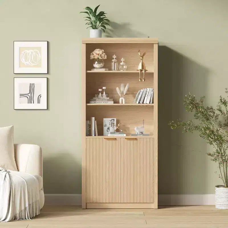 Wooden Bookcase with Doors, with Large Storage Cabinet, 5-Shelf Bookcases with Adjustable top Shelve for Home Office, Living Room
