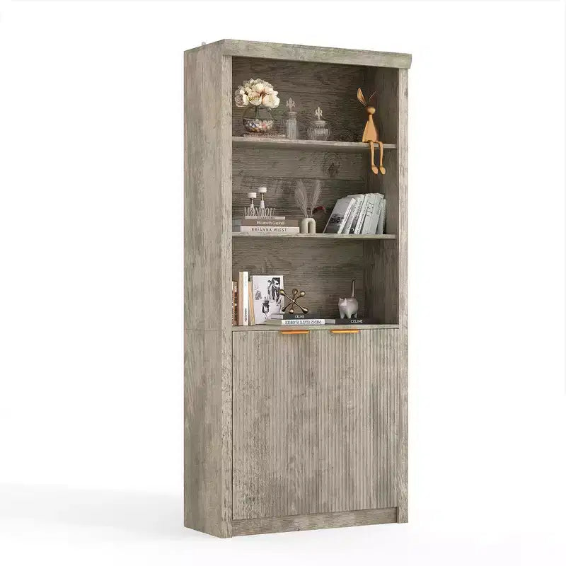 Wooden Bookcase with Doors, with Large Storage Cabinet, 5-Shelf Bookcases with Adjustable top Shelve for Home Office, Living Room
