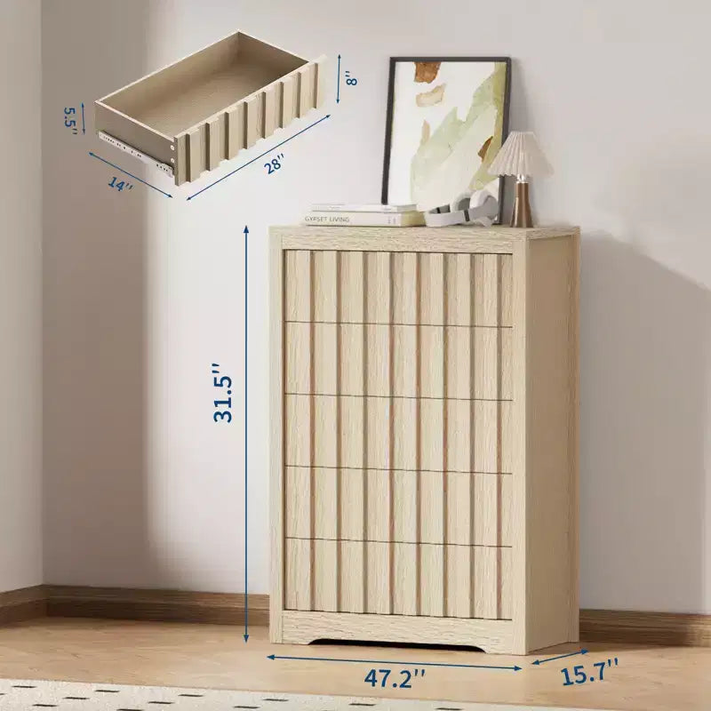 Modern Fluted Wood Dresser with Drawers, Handleless Wooden Chest for Bedroom, Clothes Closet Organizer with Deep Storage for Hallway, Living Room