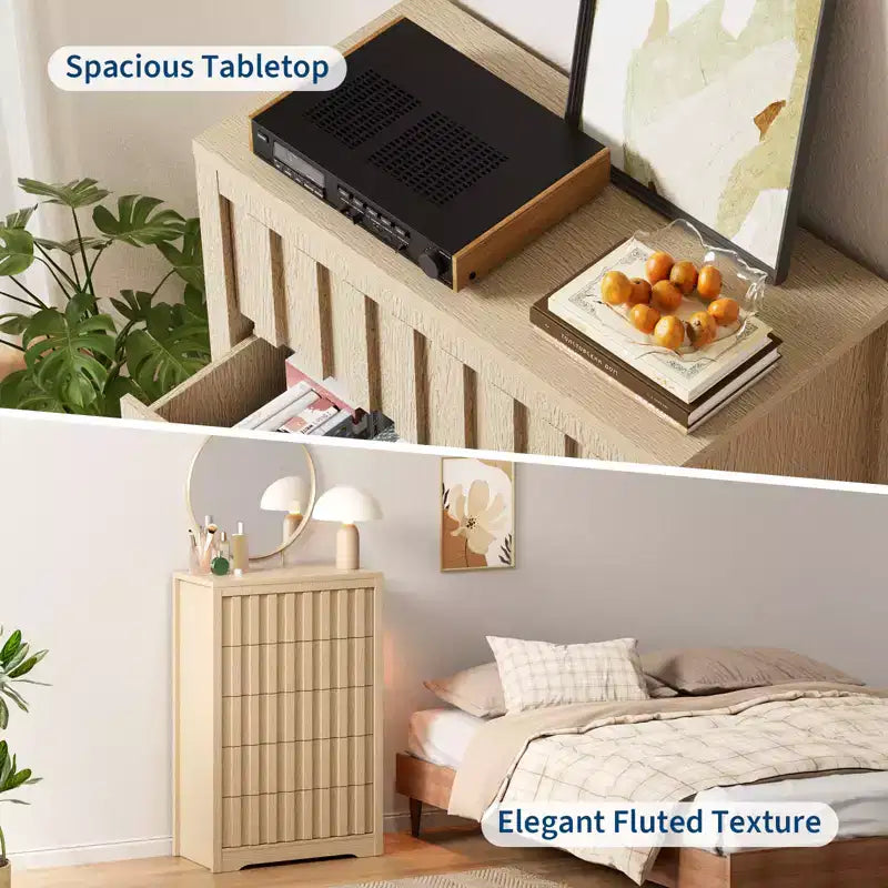 Modern Fluted Wood Dresser with Drawers, Handleless Wooden Chest for Bedroom, Clothes Closet Organizer with Deep Storage for Hallway, Living Room