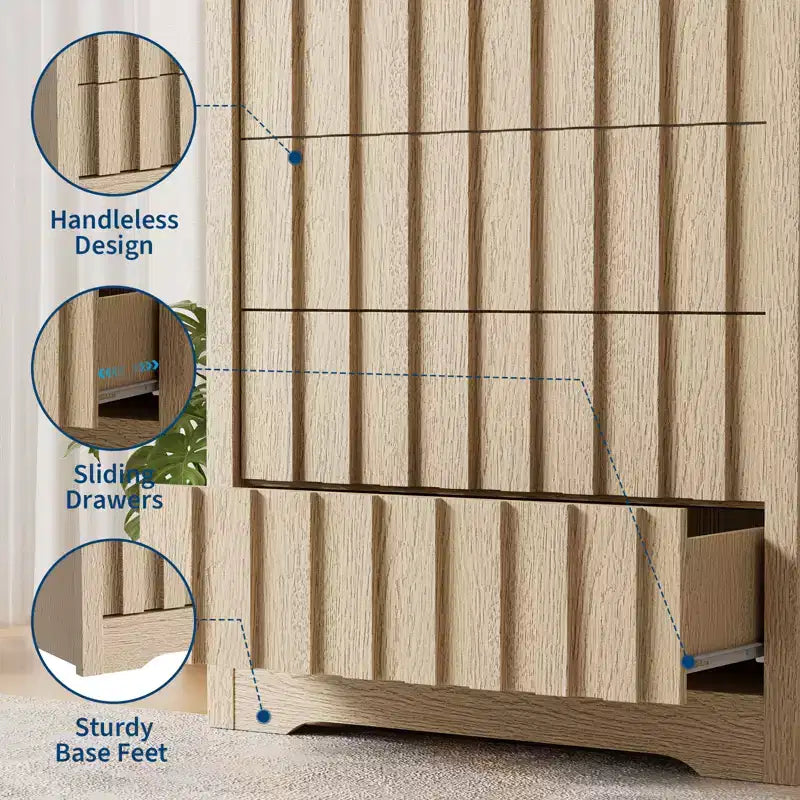 Modern Fluted Wood Dresser with Drawers, Handleless Wooden Chest for Bedroom, Clothes Closet Organizer with Deep Storage for Hallway, Living Room