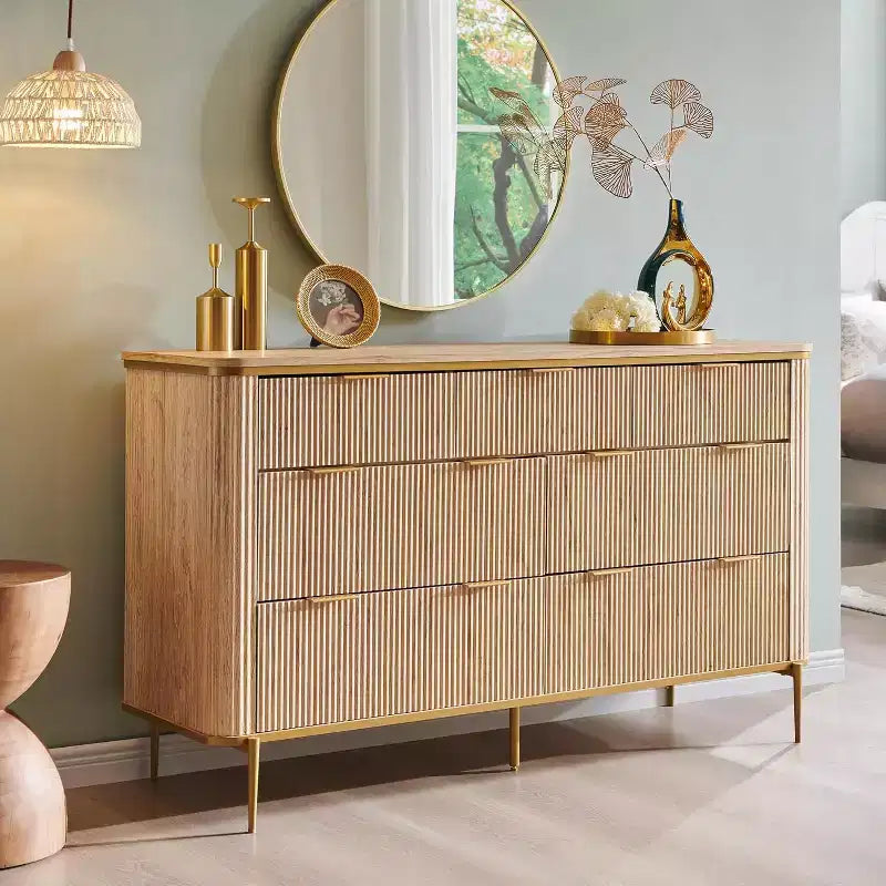 BALHAM TRADE-54 Wide Fluted 7 Drawers Modern Dresser TV Stand Gold Accents Wood Storage Organizer