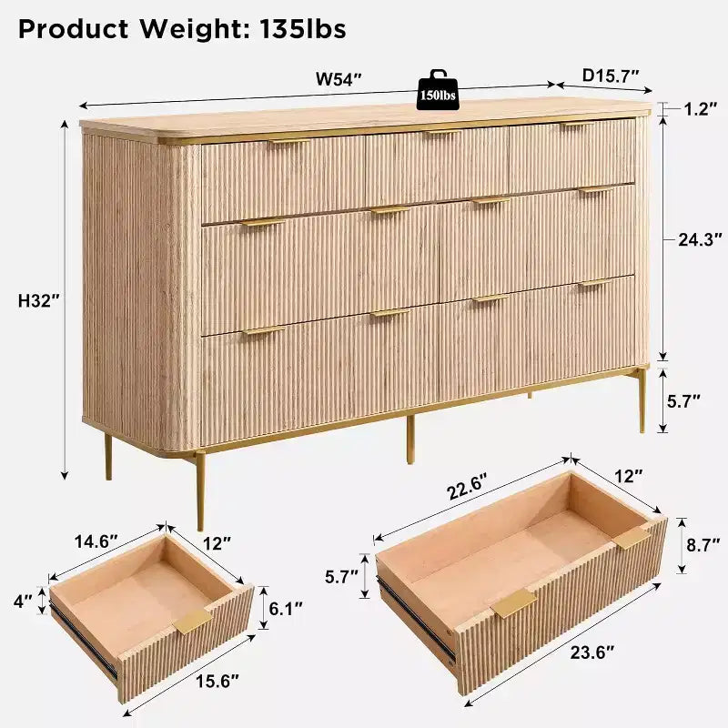 54 Wide Fluted 7 Drawers Modern Dresser TV Stand Gold Accents Wood Storage Organizer