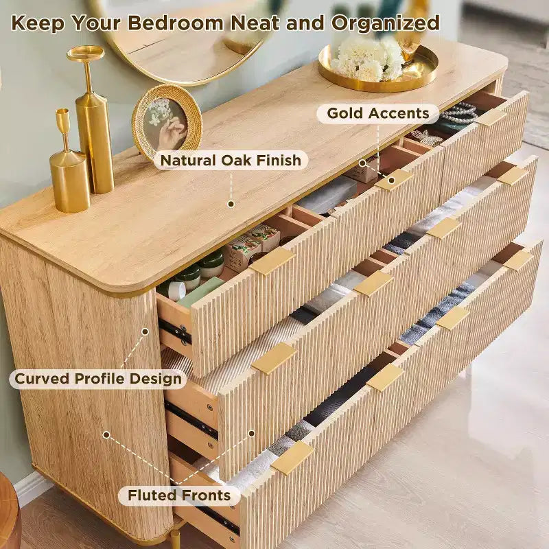 54 Wide Fluted 7 Drawers Modern Dresser TV Stand Gold Accents Wood Storage Organizer