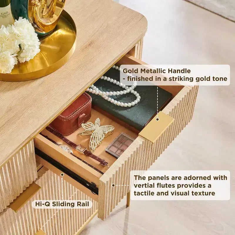 54 Wide Fluted 7 Drawers Modern Dresser TV Stand Gold Accents Wood Storage Organizer