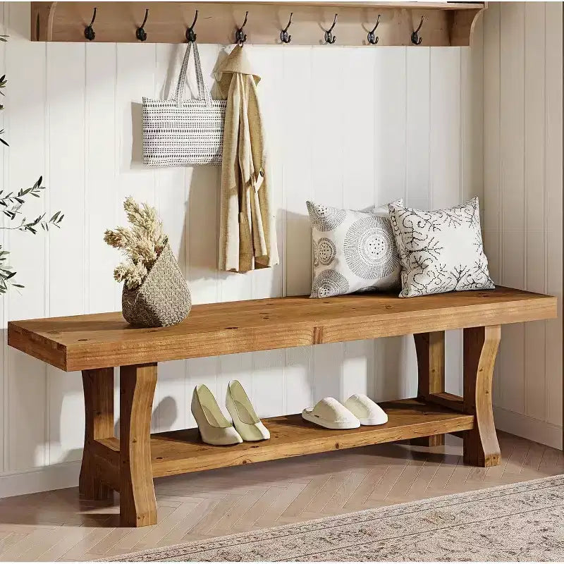 Solid Wood Entryway Bench, 55 End of Bed Bench, Long Indoor Dining Seat for Hallway, Bedroom, Living Room, Dining Room, Brown