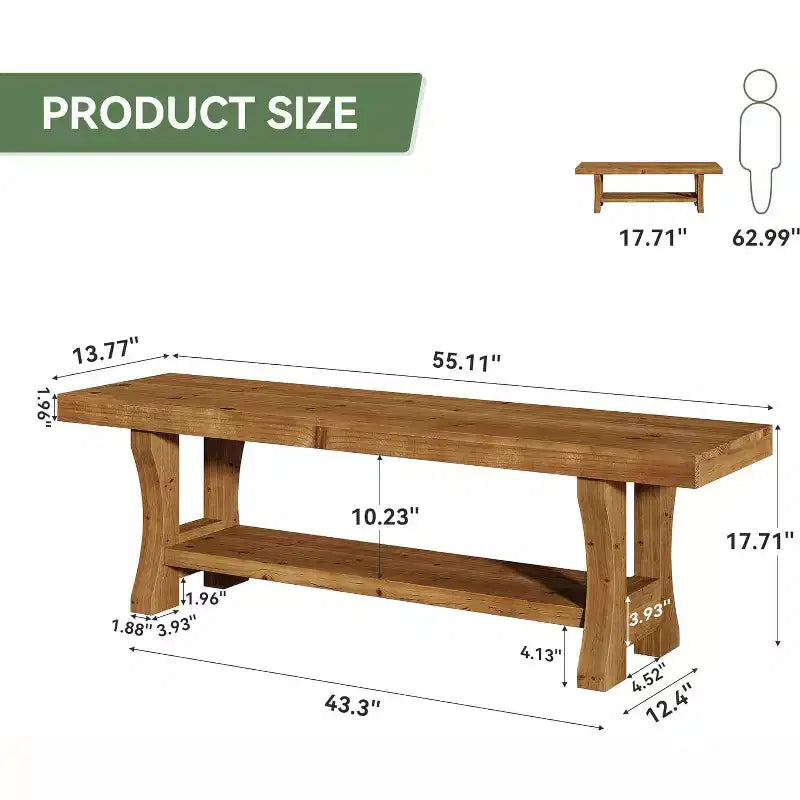 Solid Wood Entryway Bench, 55 End of Bed Bench, Long Indoor Dining Seat for Hallway, Bedroom, Living Room, Dining Room, Brown