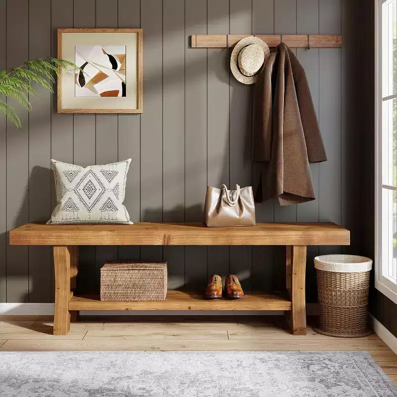Solid Wood Entryway Bench, 55 End of Bed Bench, Long Indoor Dining Seat for Hallway, Bedroom, Living Room, Dining Room, Brown
