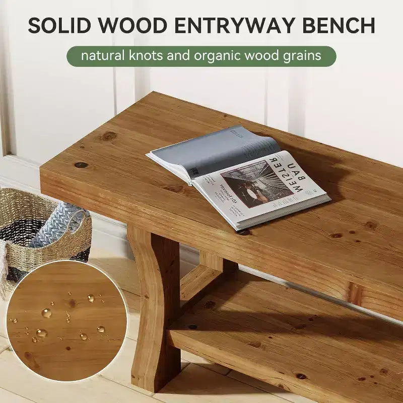 Solid Wood Entryway Bench, 55 End of Bed Bench, Long Indoor Dining Seat for Hallway, Bedroom, Living Room, Dining Room, Brown