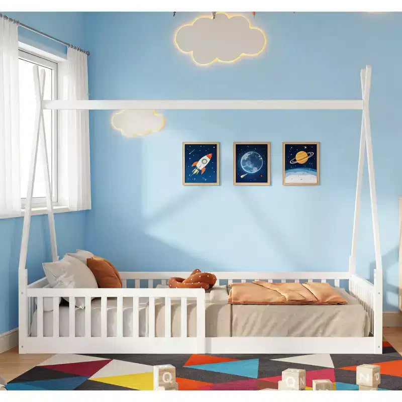 Twin Size Tent Floor Bed Frame with Fence Guardrails, Wooden House Bed for Playroom & Bedroom.