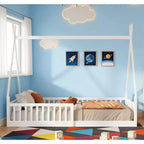 Twin Size Tent Floor Bed Frame with Fence Guardrails, Wooden House Bed for Playroom & Bedroom.