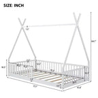 Twin Size Tent Floor Bed Frame with Fence Guardrails, Wooden House Bed for Playroom & Bedroom.