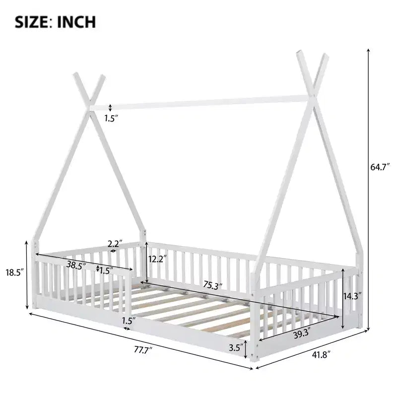 Twin Size Tent Floor Bed Frame with Fence Guardrails, Wooden House Bed for Playroom & Bedroom.
