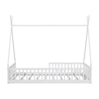 Twin Size Tent Floor Bed Frame with Fence Guardrails, Wooden House Bed for Playroom & Bedroom.