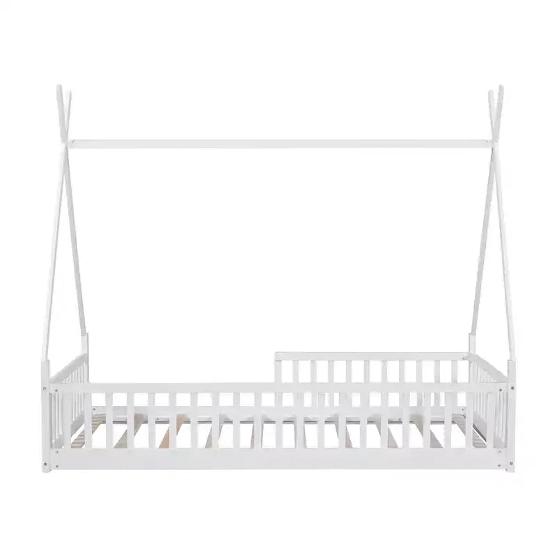 Twin Size Tent Floor Bed Frame with Fence Guardrails, Wooden House Bed for Playroom & Bedroom.