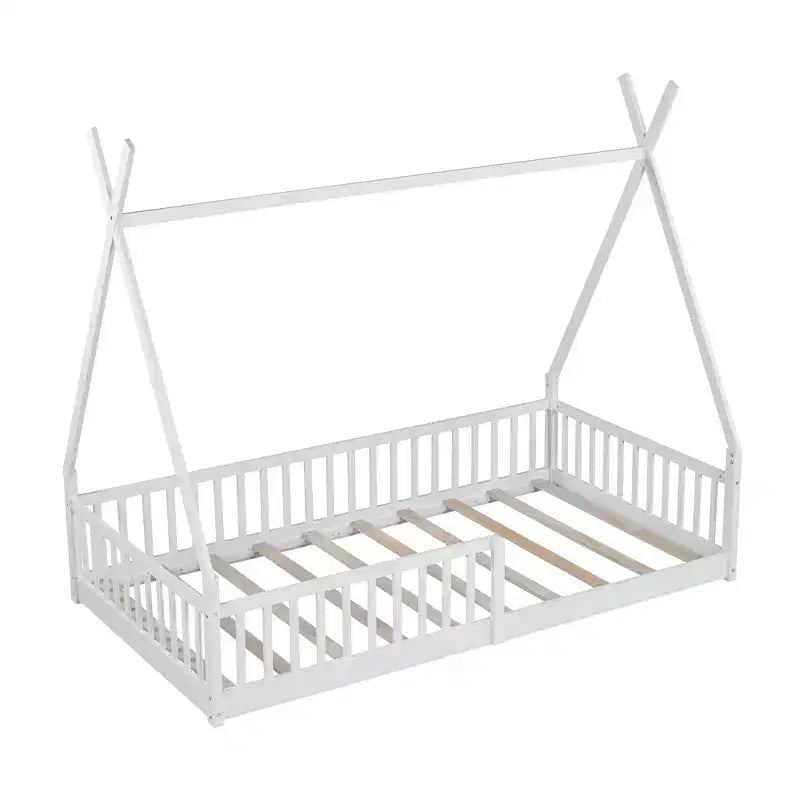 Twin Size Tent Floor Bed Frame with Fence Guardrails, Wooden House Bed for Playroom & Bedroom.